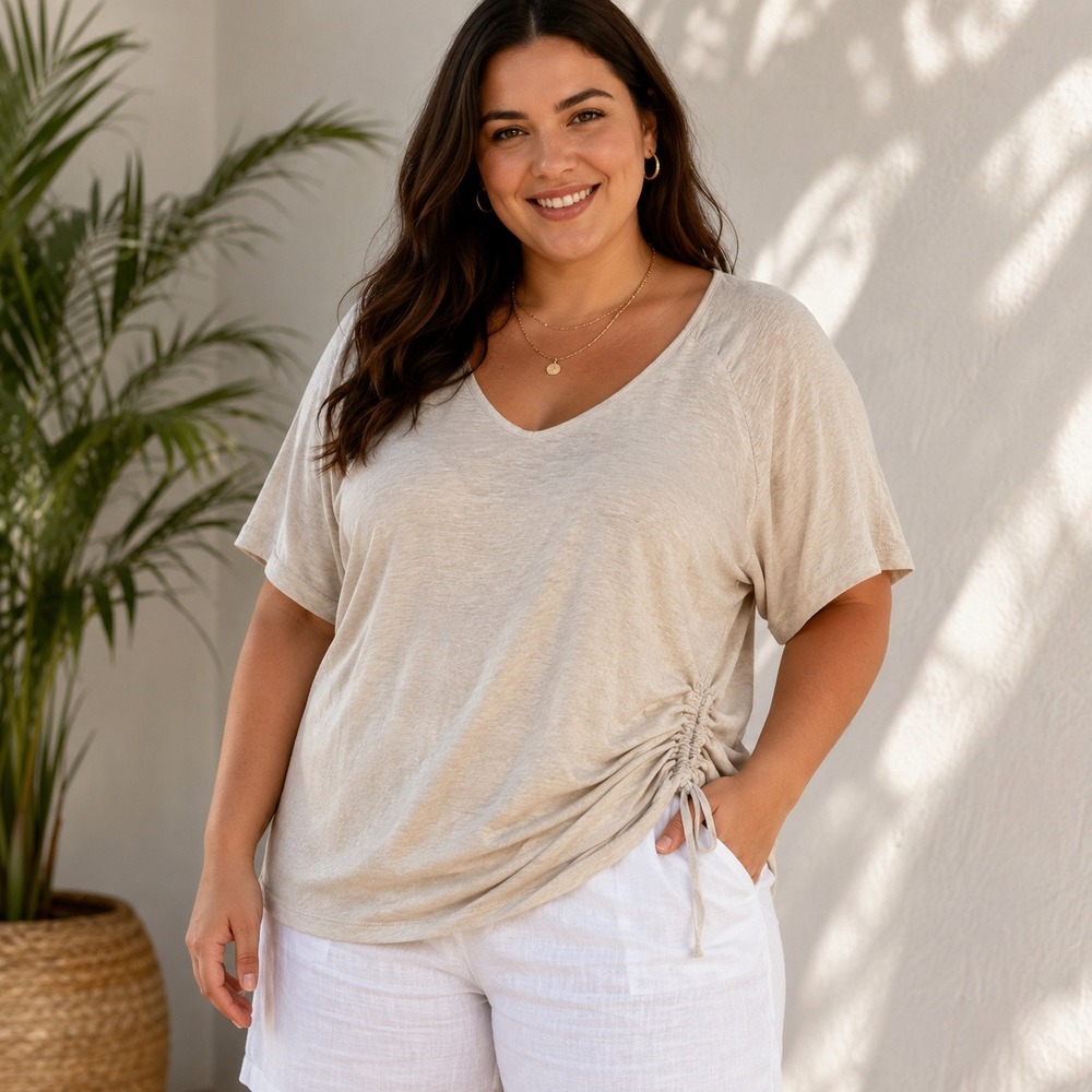 Talbots Woman 100% Linen V-Neck Side Cinch Knit Top Oatmeal Beige 2X